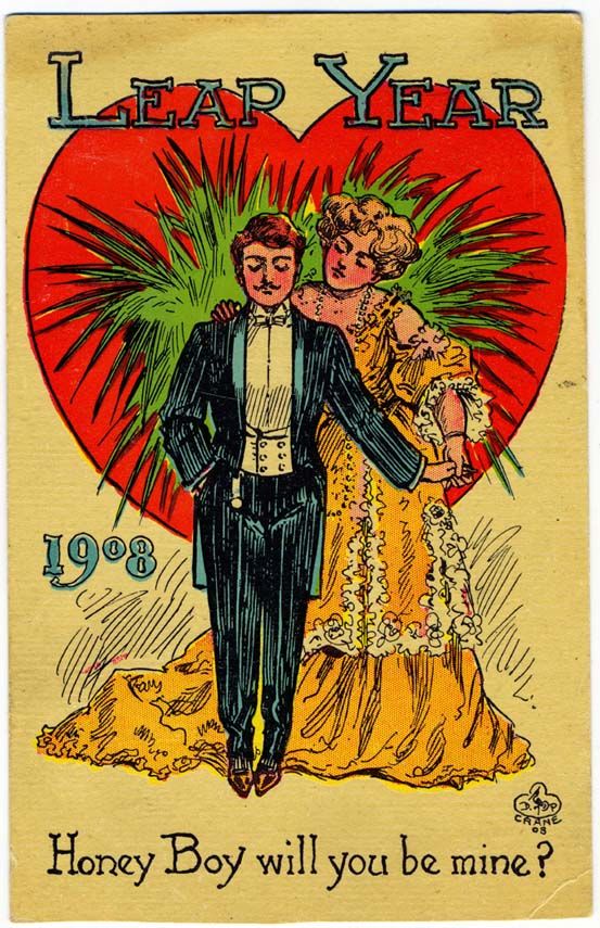 Vintage 1908 Leap Year postcard woman proposing to a man