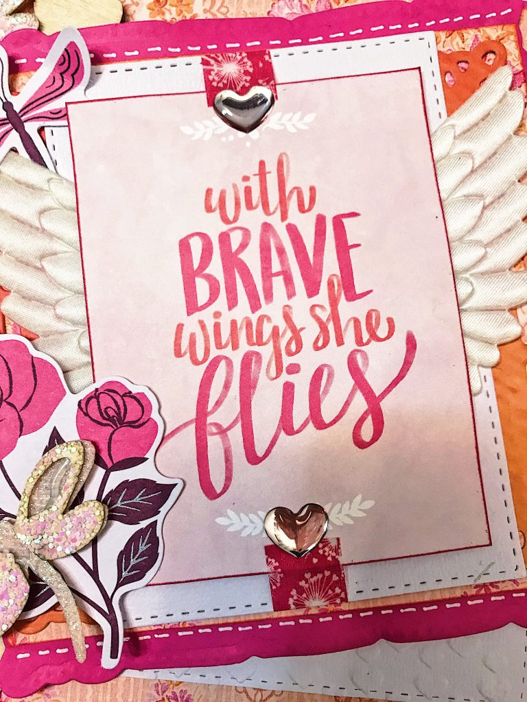 With Brave Wings She Flies pink and orange handmade encouragement card