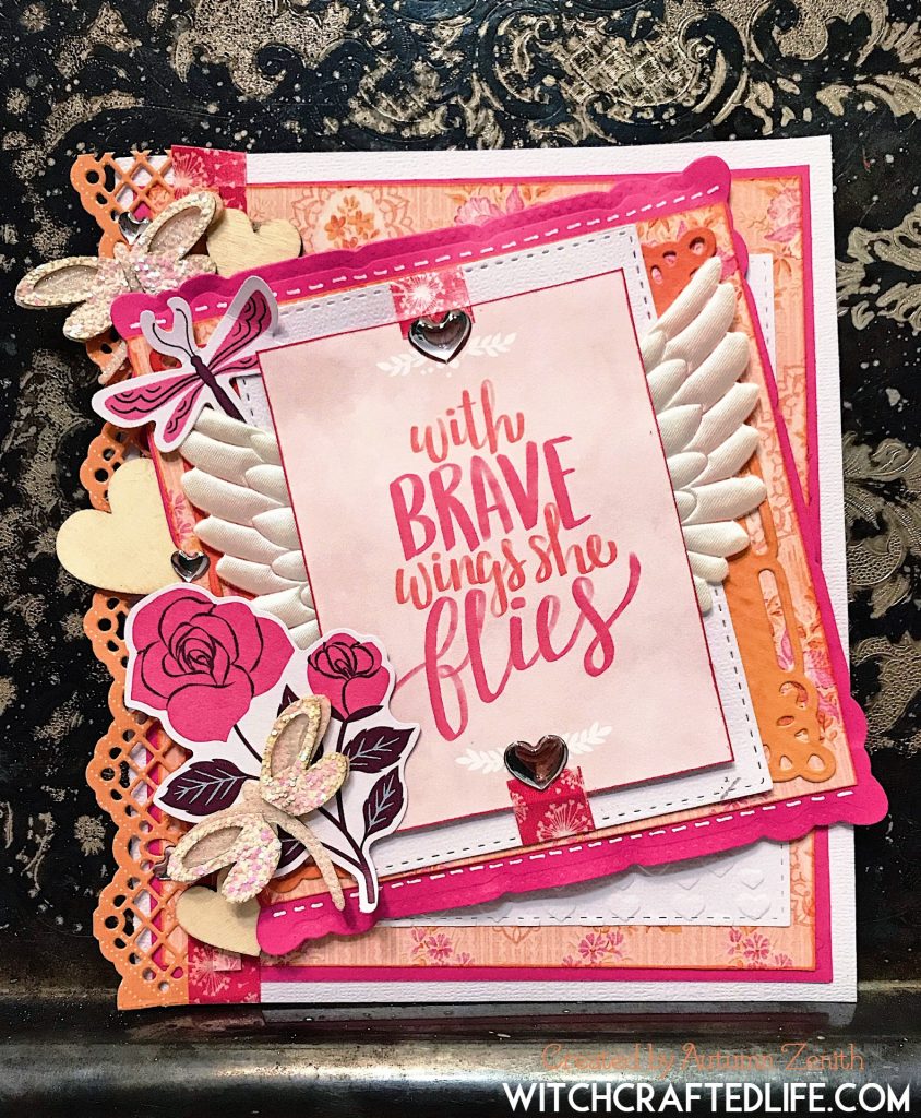 With Brave Wings She Flies pink and orange handmade encouragement card