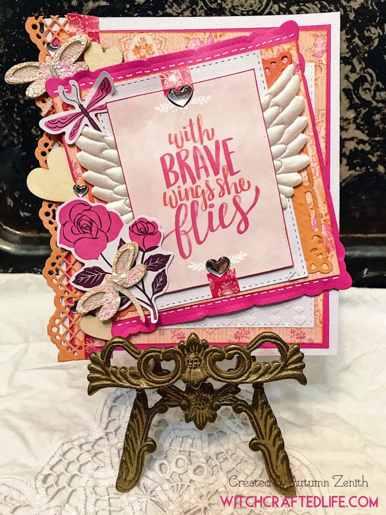 With Brave Wings She Flies pink and orange handmade encouragement card