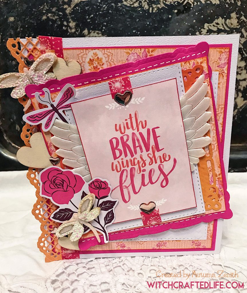 With Brave Wings She Flies pink and orange handmade encouragement card