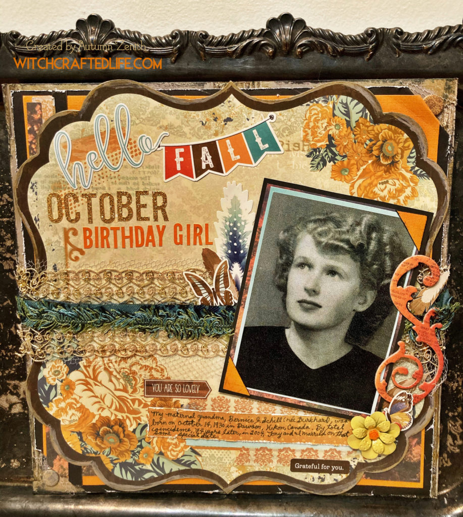 October Birthday Girl Heritage Scrapbook Page - fall themed vintage family photo layout.