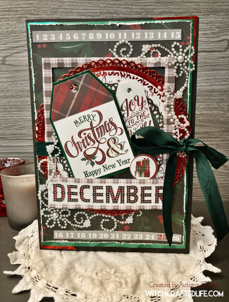 Festive shabby chic red, black, and green Christmas card