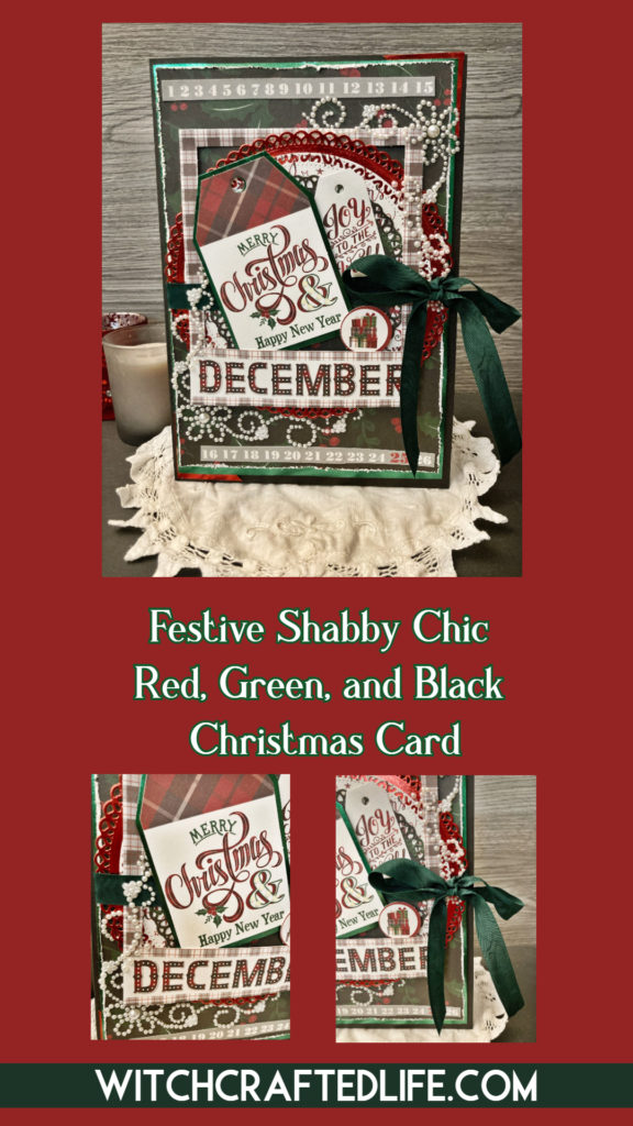 Festive shabby chic red, black, and green Christmas card 