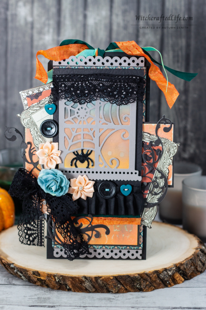 Beautiful Peach and Teal Halloween Window Oversized Black Tag