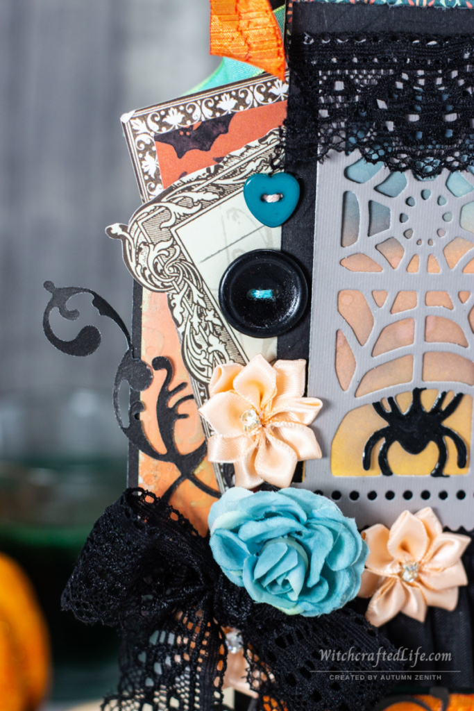 Beautiful Peach and Teal Halloween Window Oversized Black Tag