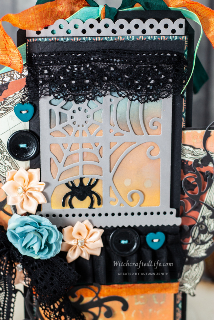 Beautiful Peach and Teal Halloween Window Oversized Black Tag