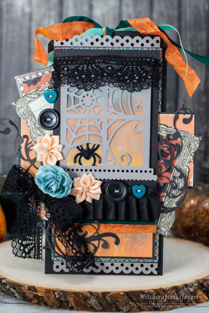 Beautiful Peach and Teal Halloween Window Oversized Black Tag