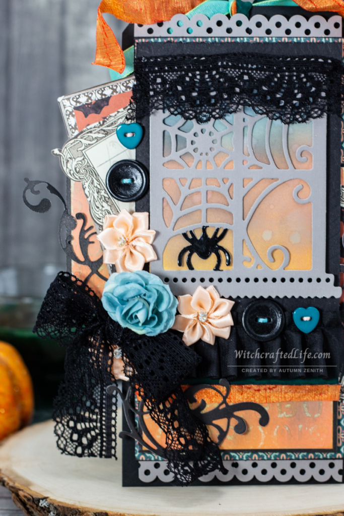 Beautiful Peach and Teal Halloween Window Oversized Black Tag