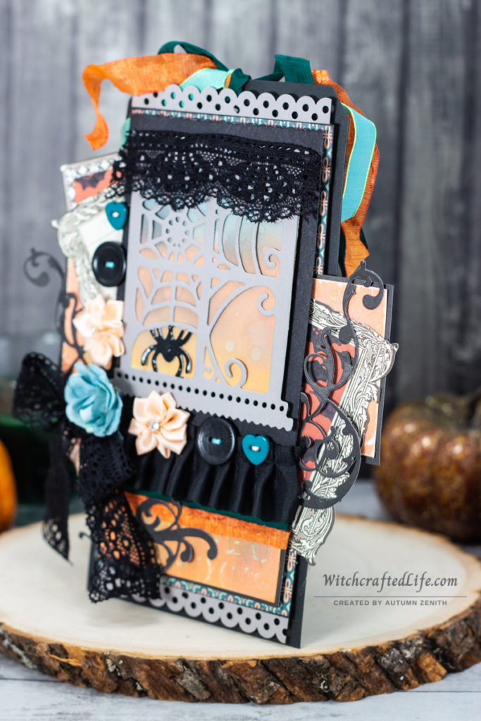 Beautiful Peach and Teal Halloween Window Oversized Black Tag