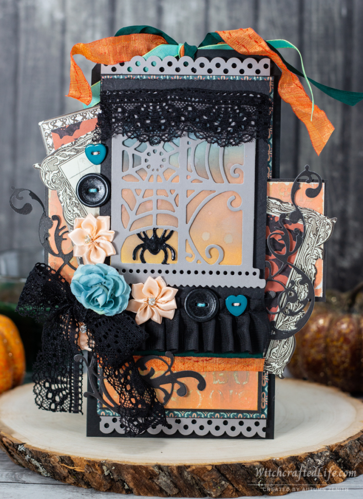 Beautiful Peach and Teal Halloween Window Oversized Black Tag