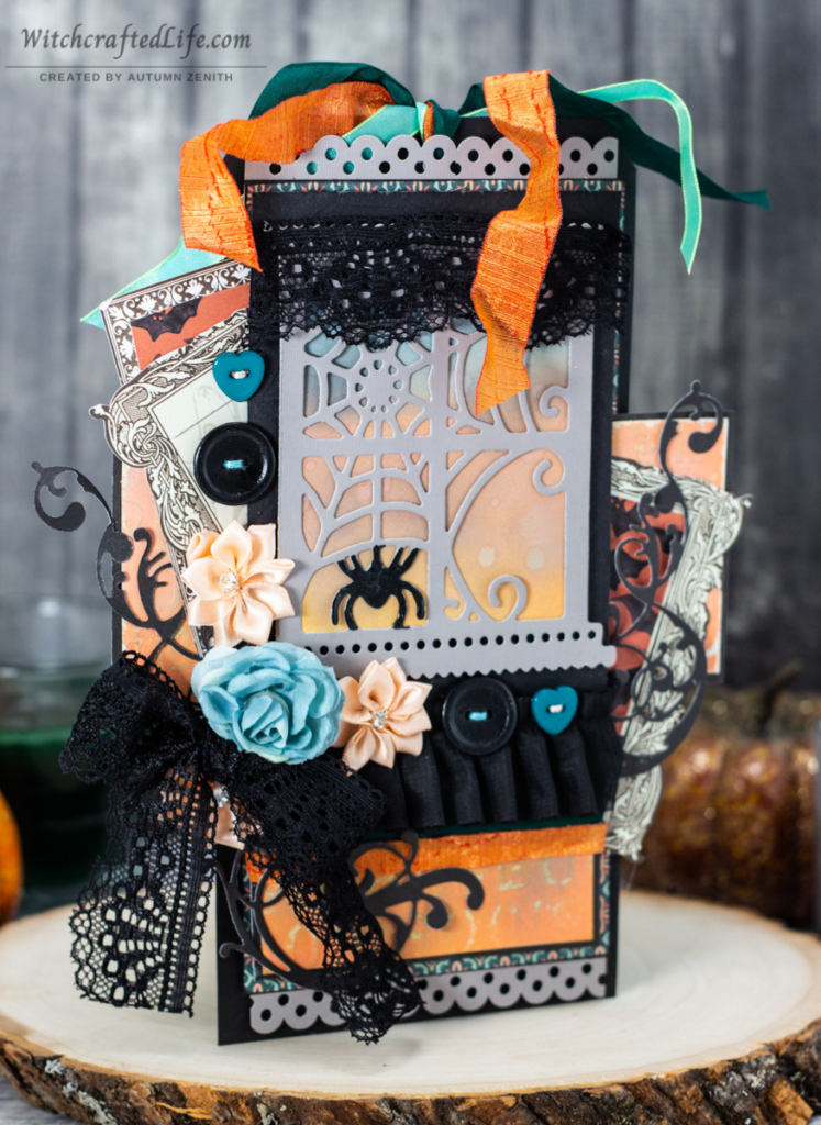 Beautiful Peach and Teal Halloween Window Oversized Black Tag