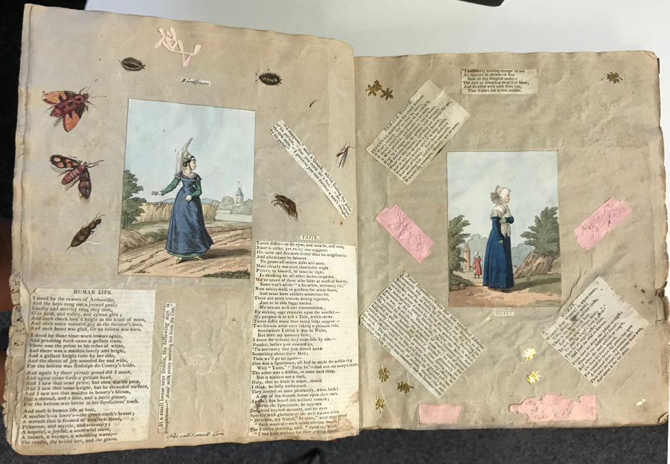 Late Regency era two-page scrapbook spread dating to c. 1890 - 1930.