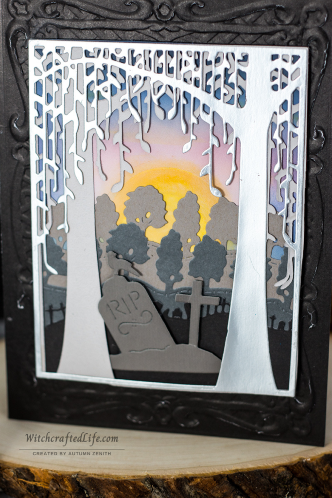 Ink Blended Summer Sunrise over the Graveyard Spooky Halloween Card