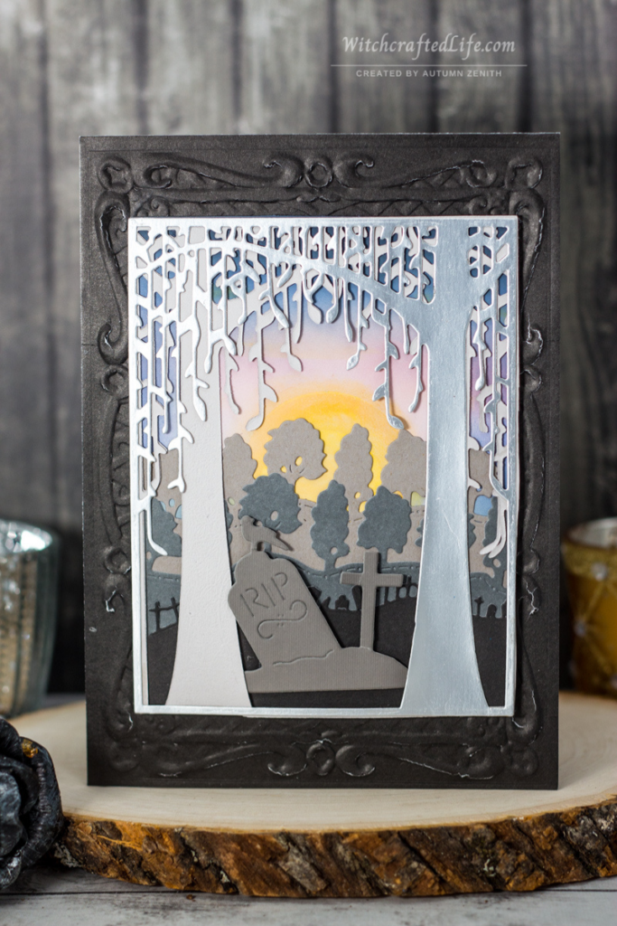 Ink Blended Summer Sunrise over the Graveyard Spooky Halloween Card