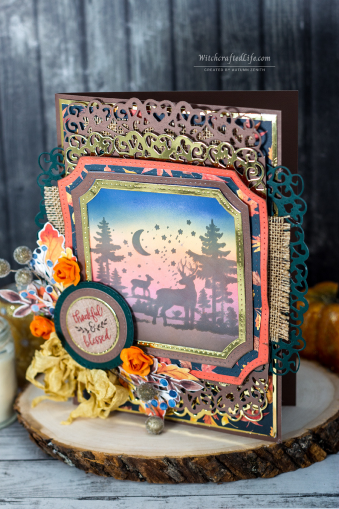 Thankful and Blessed Ink Blended Woodland Deer Sunset Fall Thanksgiving Card