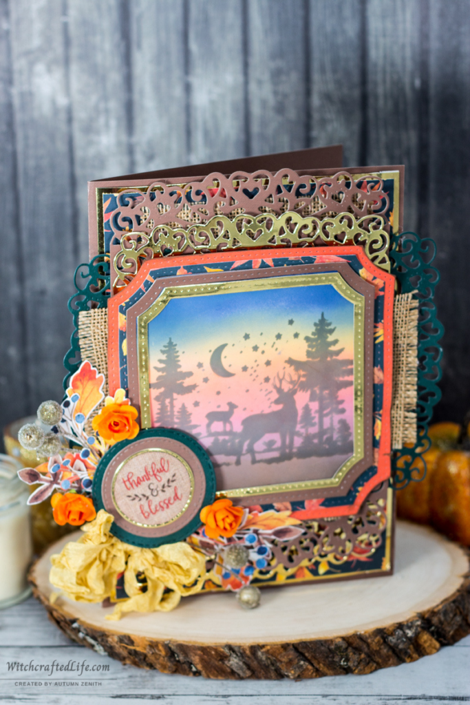 Thankful and Blessed Ink Blended Woodland Deer Sunset Fall Thanksgiving Card