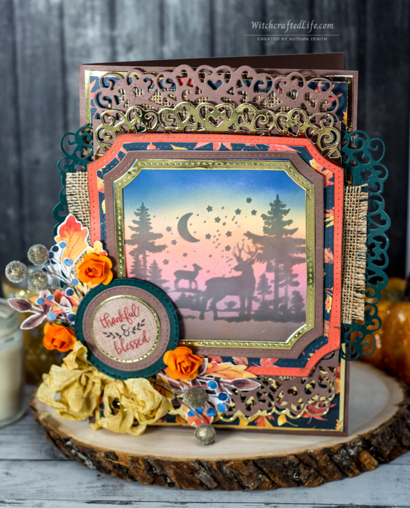 Thankful and Blessed Ink Blended Woodland Deer Sunset Fall Thanksgiving Card