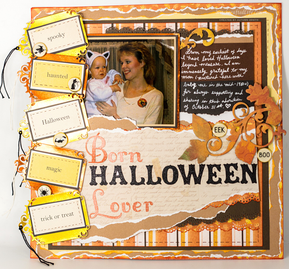 Warm fall colour palette shabby chic Born Halloween Lover 1980s inspired scrapbook page