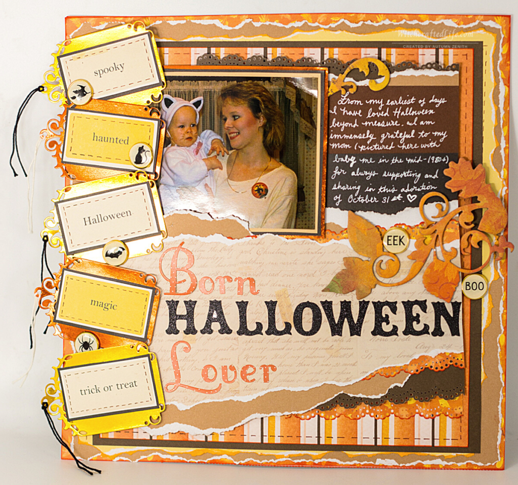 Warm fall colour palette shabby chic Born Halloween Lover 1980s inspired scrapbook page