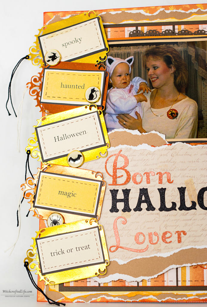 Warm fall colour palette shabby chic Born Halloween Lover 1980s inspired scrapbook page