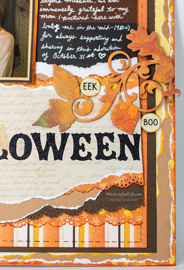 Warm fall colour palette shabby chic Born Halloween Lover 1980s inspired scrapbook page