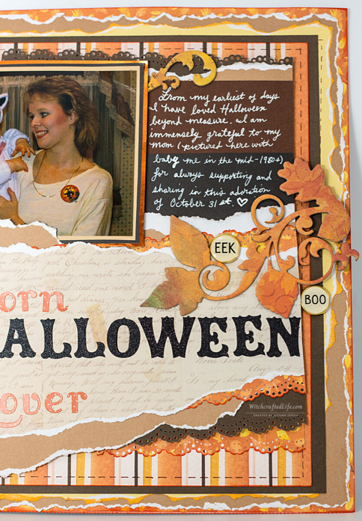 Warm fall colour palette shabby chic Born Halloween Lover 1980s inspired scrapbook page