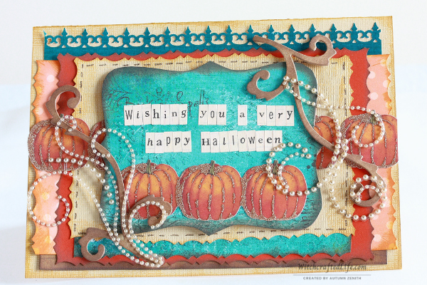 Beautiful shabby chic fall pumpkin and rhinestone Halloween card