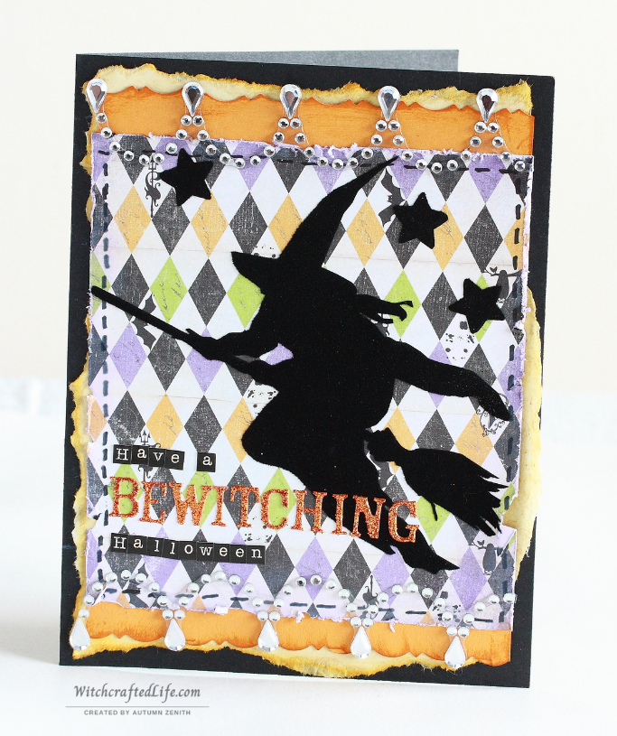 Elegant, distressed shabby chic witch themed handmade Halloween card 