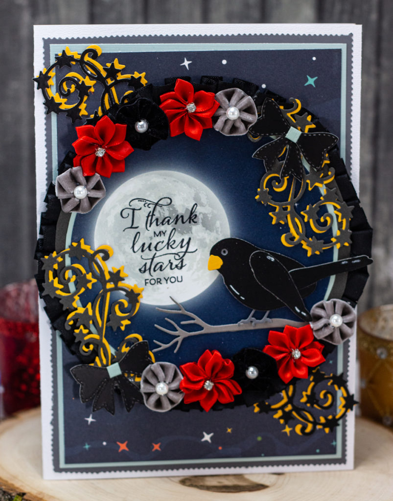 Enchanting Blackbird, Full Moon, and Flower Wreath I Thank My Lucky Stars For You Card