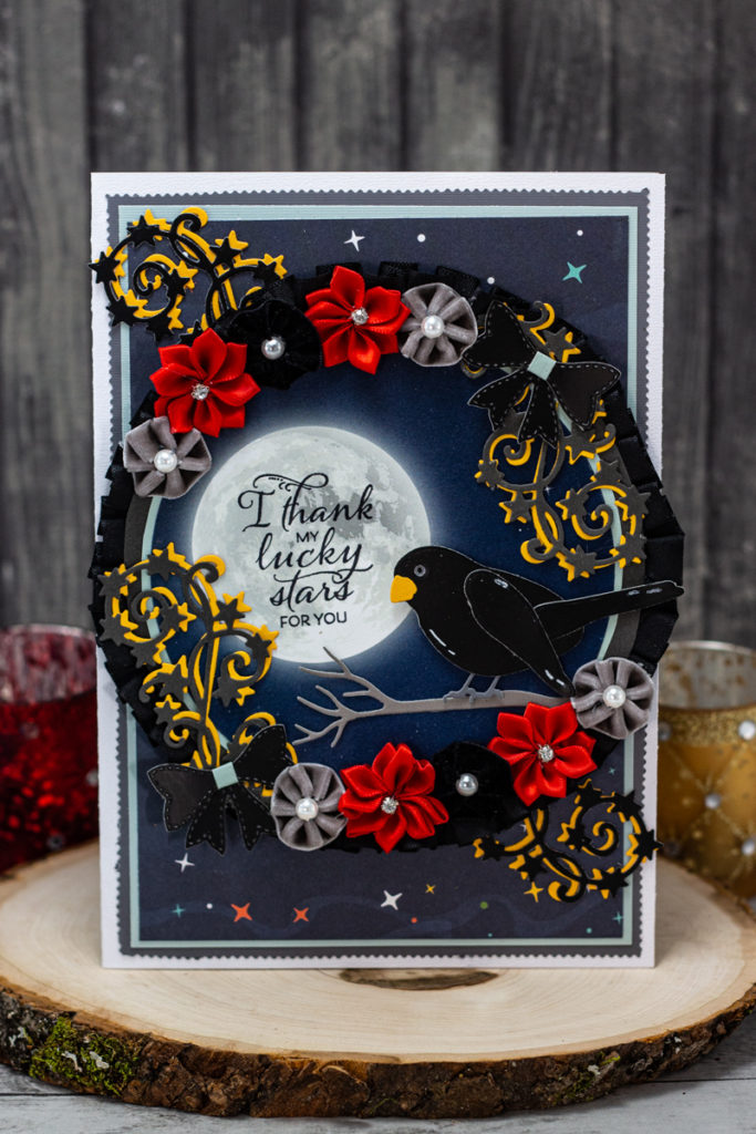 Enchanting Blackbird, Full Moon, and Flower Wreath I Thank My Lucky Stars For You Card