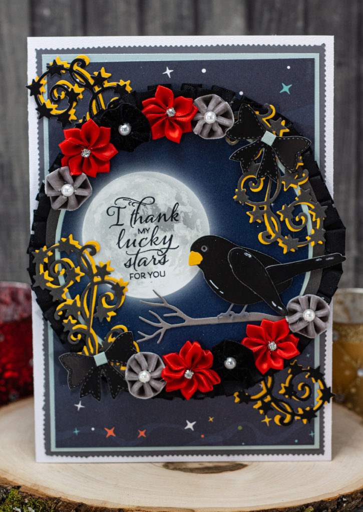 Enchanting Blackbird, Full Moon, and Flower Wreath I Thank My Lucky Stars For You Card