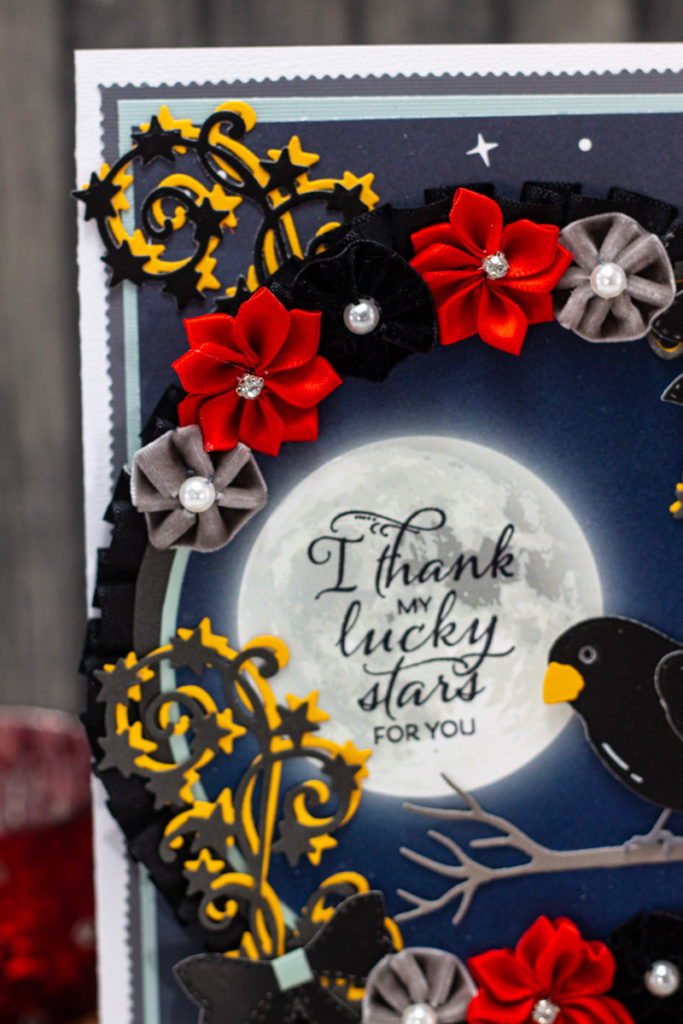 Enchanting Blackbird, Full Moon, and Flower Wreath I Thank My Lucky Stars For You Card