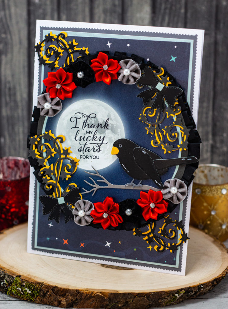 Enchanting Blackbird, Full Moon, and Flower Wreath I Thank My Lucky Stars For You Card