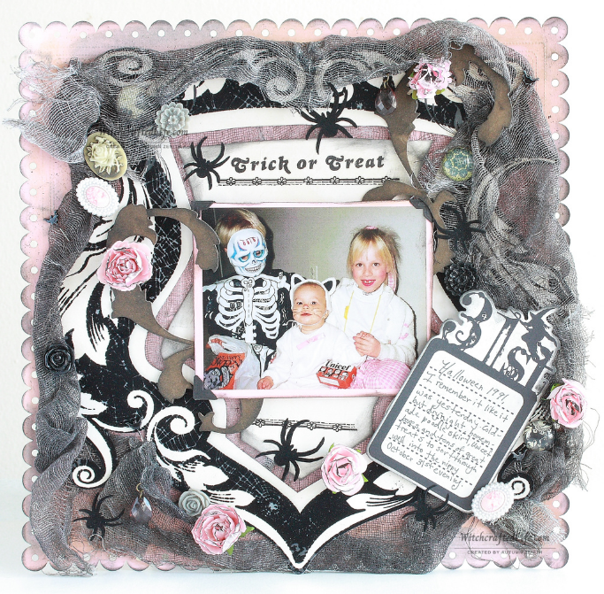 Gorgeous shabby chic pink, grey and black Halloween scrapbook page