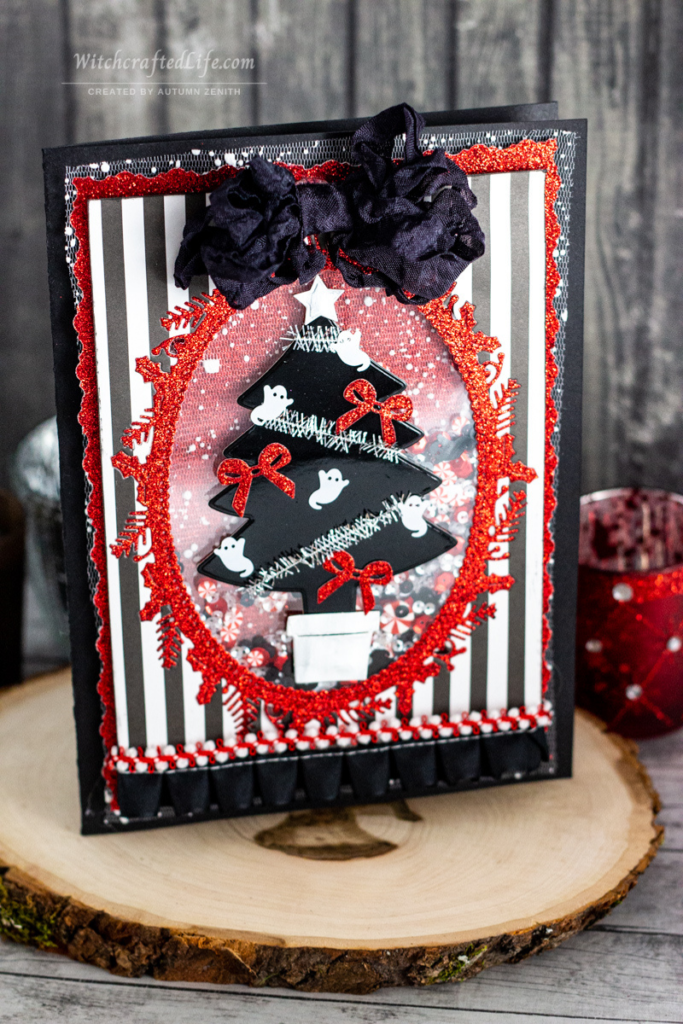 Gothic Red and Black Haunted Christmas Tree Shaker Card