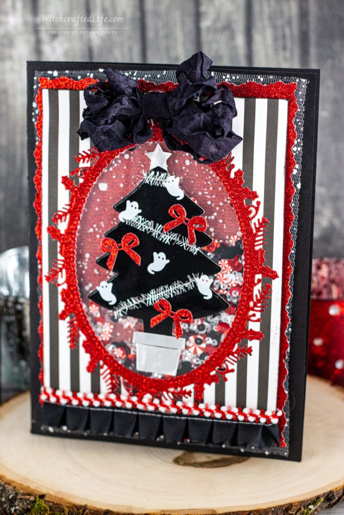 Gothic Red and Black Haunted Christmas Tree Shaker Card