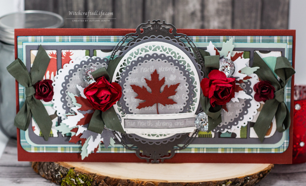 Beautiful Rose Filled True North Strong and Free oversized slimline Canada Day card