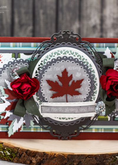Beautiful Rose Filled True North Strong and Free oversized slimline Canada Day card